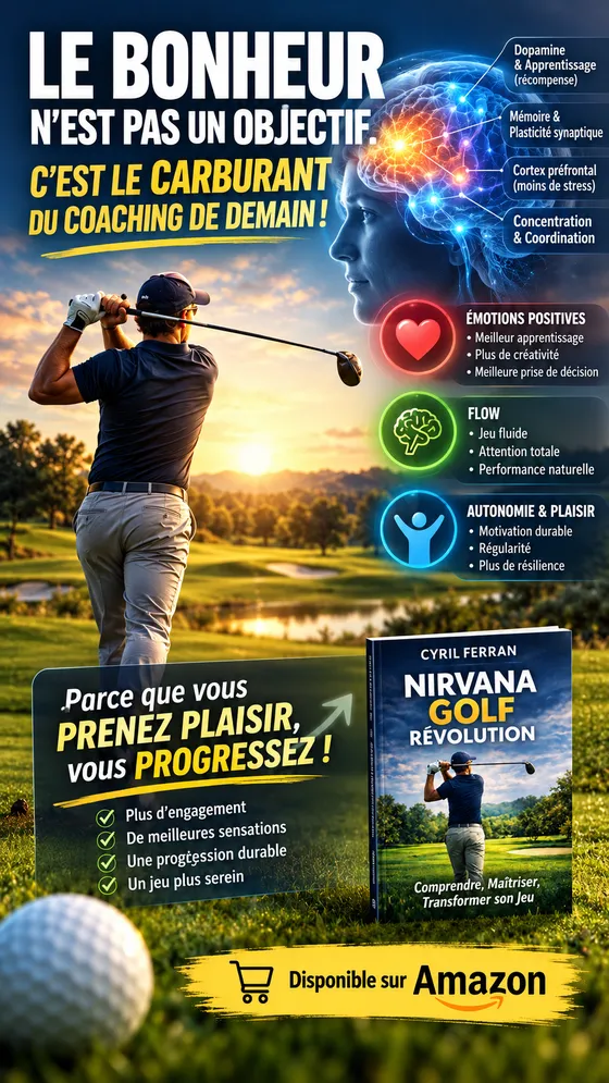Affiche Le bonheur n'est pas un objectif, c'est le carburant du coaching de demain : émotions positives, flow, autonomie et plaisir. Parce que vous prenez plaisir, vous progressez : plus d'engagement, de meilleures sensations, une progression durable, un jeu plus serein.