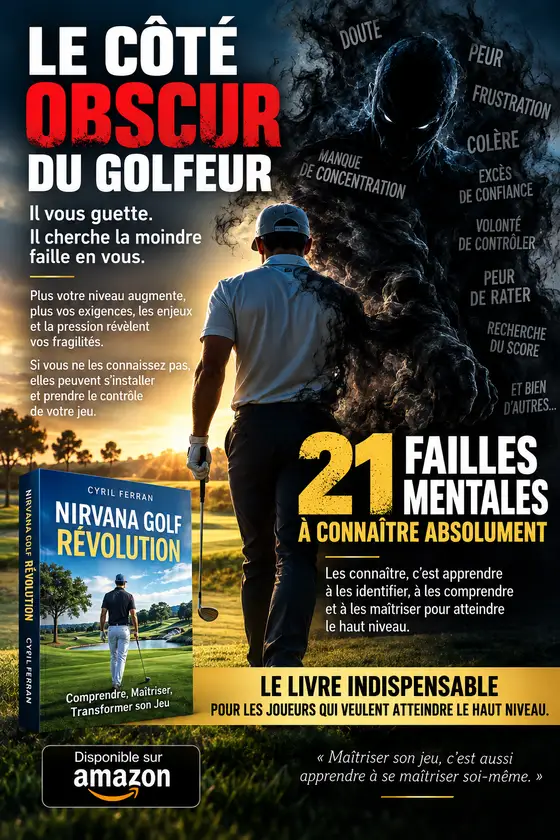 Affiche Le côté obscur du golfeur : 21 failles mentales à connaître absolument (doute, peur, frustration, colère, excès de confiance, volonté de contrôler, peur de rater, recherche du score, manque de concentration). Nirvana Golf Révolution, le livre indispensable pour les joueurs qui veulent atteindre le haut niveau.